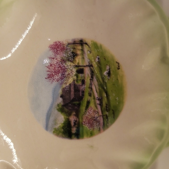 𝅺VINTAGE Ceramic Porcelain Flat Vase ornate handles and top farm picture centre - Picture 2 of 11